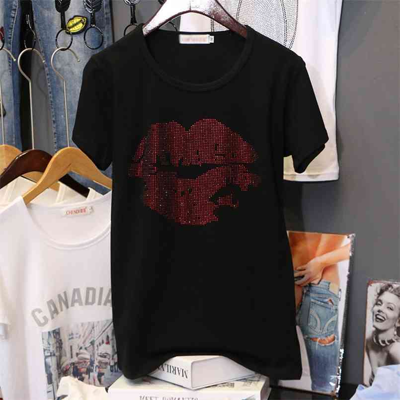 Summer Breathable Short sleeve T-shirt women Lip print Diamonds Half Pullovers black loose tees female tops 210708
Summer Breathable Short sleeve T-shirt women Lip print Diamonds Half Pullovers black loose tees female tops 210708