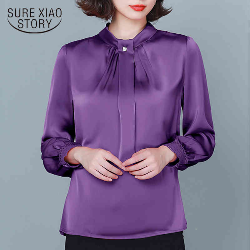 Office Long Sleeve Stand Collar Women's Blouse Autumn Solid Chiffon Shirt Women Plus Size Pullover Ladies Clothing 11581 210415