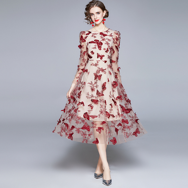 Vintage Mesh Butterfly Embroidery Dress Vestidos Women Spring Elegant O-Neck Puff Sleeve High Waist Slim 210519