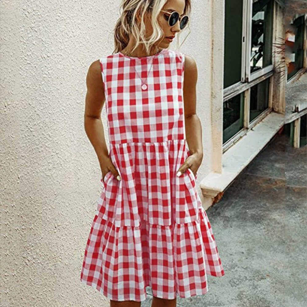 Dresses For Women Summer Casual Loose Plaid Print Ruffled Midi Sleeveless Vintage Ladies Vacation Sundress 210623