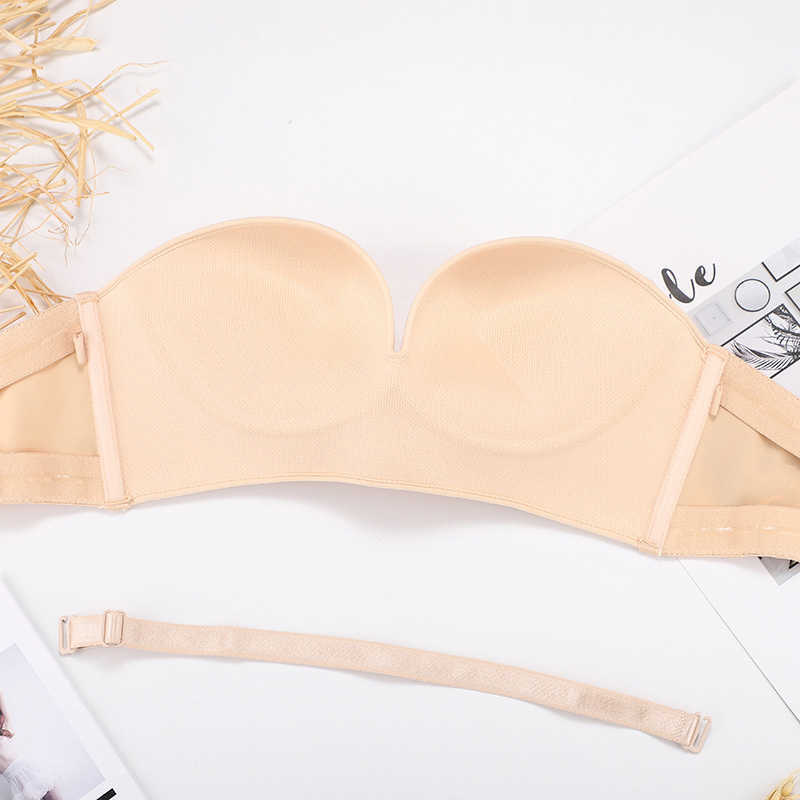 New strapless non-slip female underwear small chest thickened front three rows of buckles gathered invisible push up bra 201021