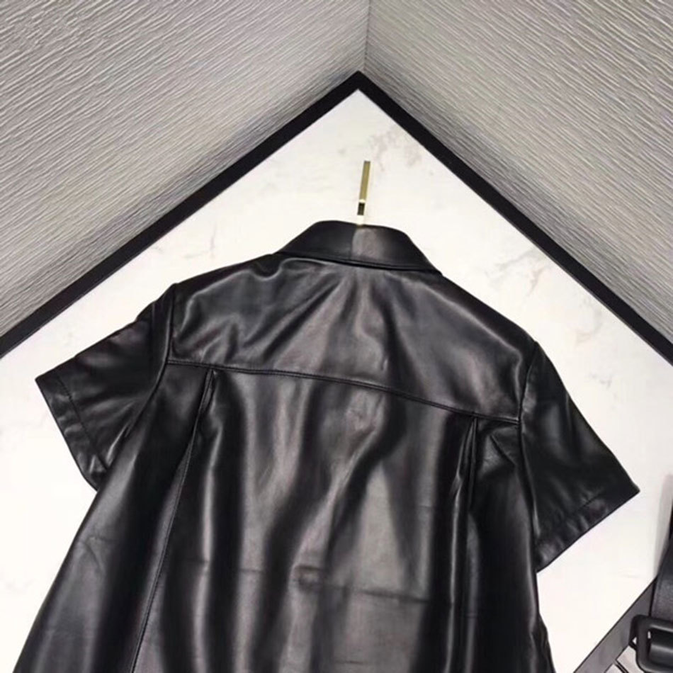 Free Black PU Leather Shirt Casual Lapel Short Sleeve Single Breasted Slim Belt Ladies Office Top 210524