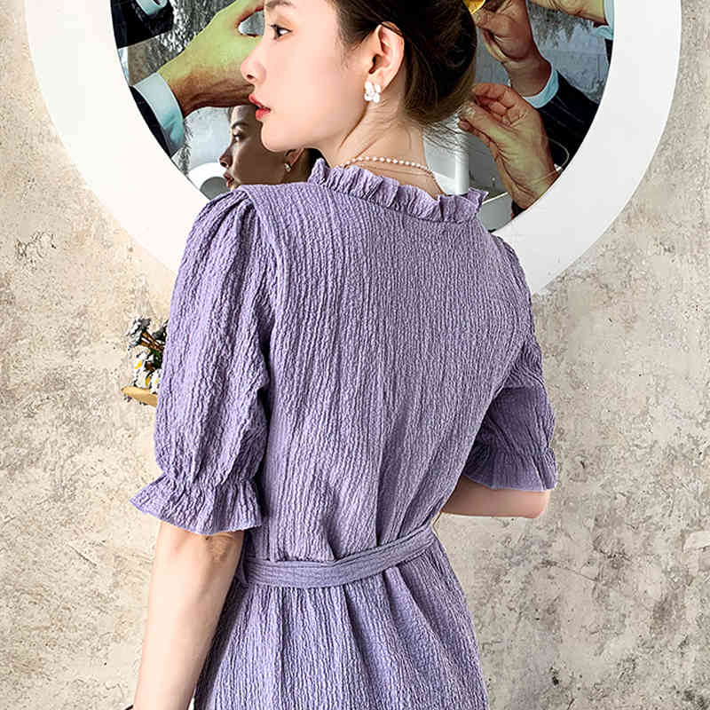 Dress Women's Solid A Line Summer Medium-Length es Purple Vestidos Vintage Puff Short Sleeve Midi Women 9828 210508