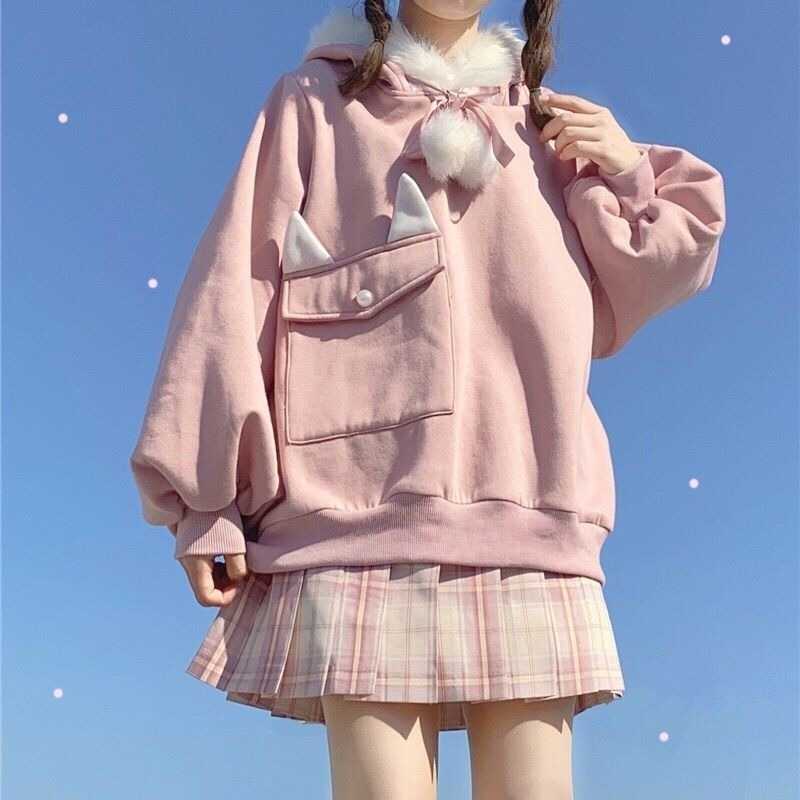 QWEEK Bunny Ears Hoodies Women Fall Bunny Jacket Japanese Sweets Kawaii Rabbit Ears Pink Hoodie For Girls Egirl Harajuku Egirls 211008