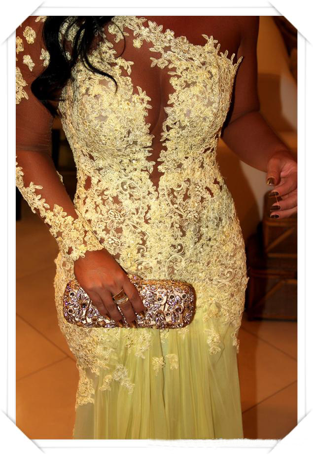 Yellow Mermaid Oscar Lace Sleeve Prom Sheer Chiffon Evening Gowns Long Celebrity Red Carpet Dresses One Shoulder Neckline