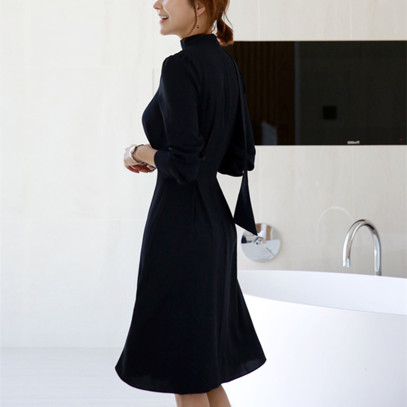Spring Autumn Elegant Bow Collar Dress Women OL Office Solid Long Sleeve Knee-length es Vestidos 210421