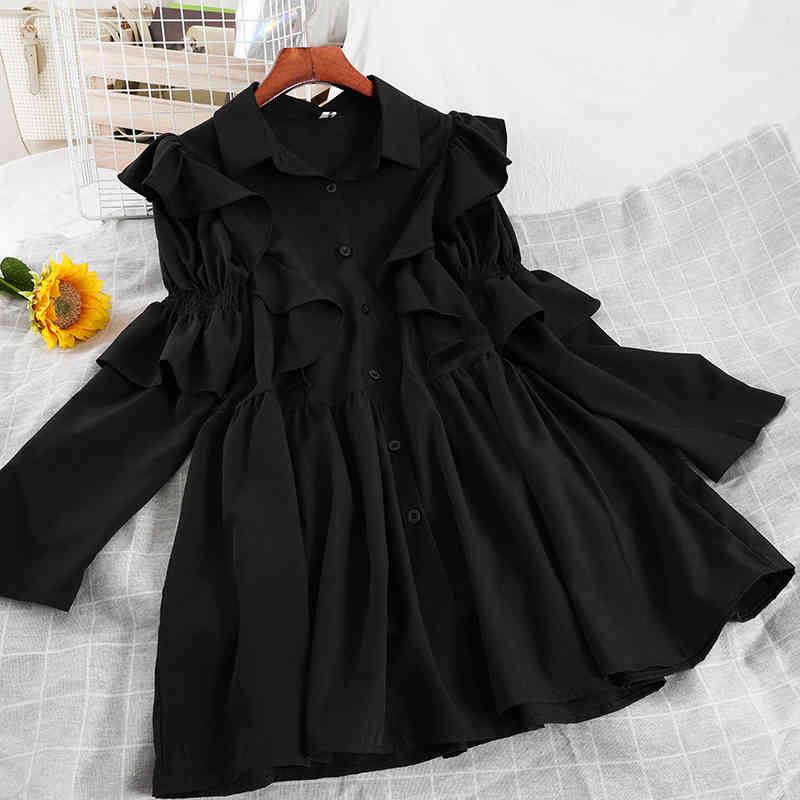 LoveFlowerLife Spring Autumn Solid Turndown Collar A Line Dress Slim Sexy High Waist Mid-Calf Women Dresses 210521