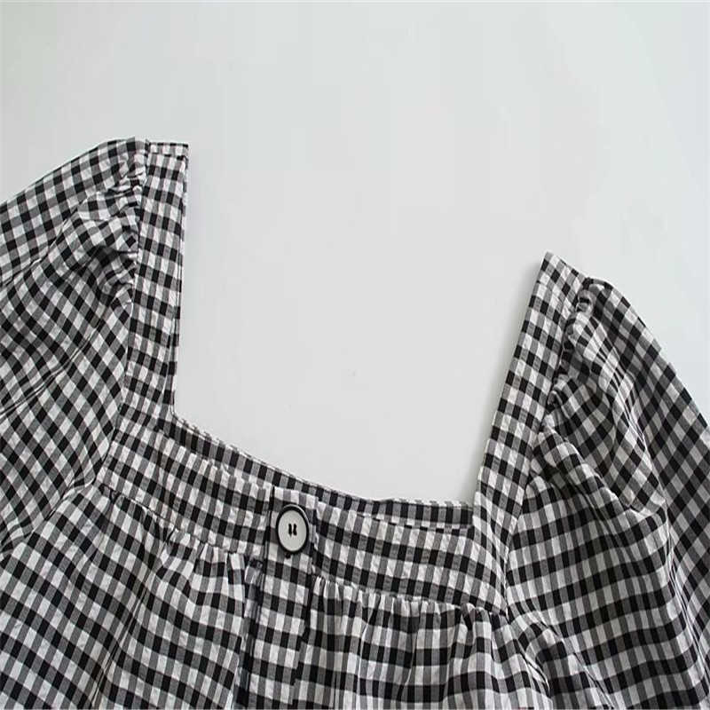 Za Summer Dress Women Short Puff Sleeve Gingham Vintgae Mini Dresses Woman Fashion Square Neck Button Up Paid Dress 210602