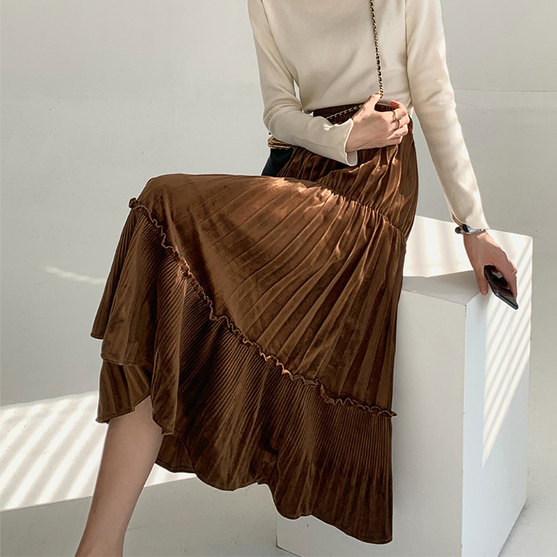 Spring High Waist Retro Solid Pleated Velvet Skirt Autumn Winter OL Elegant Fashion All-match Long Skirts Womens 210421