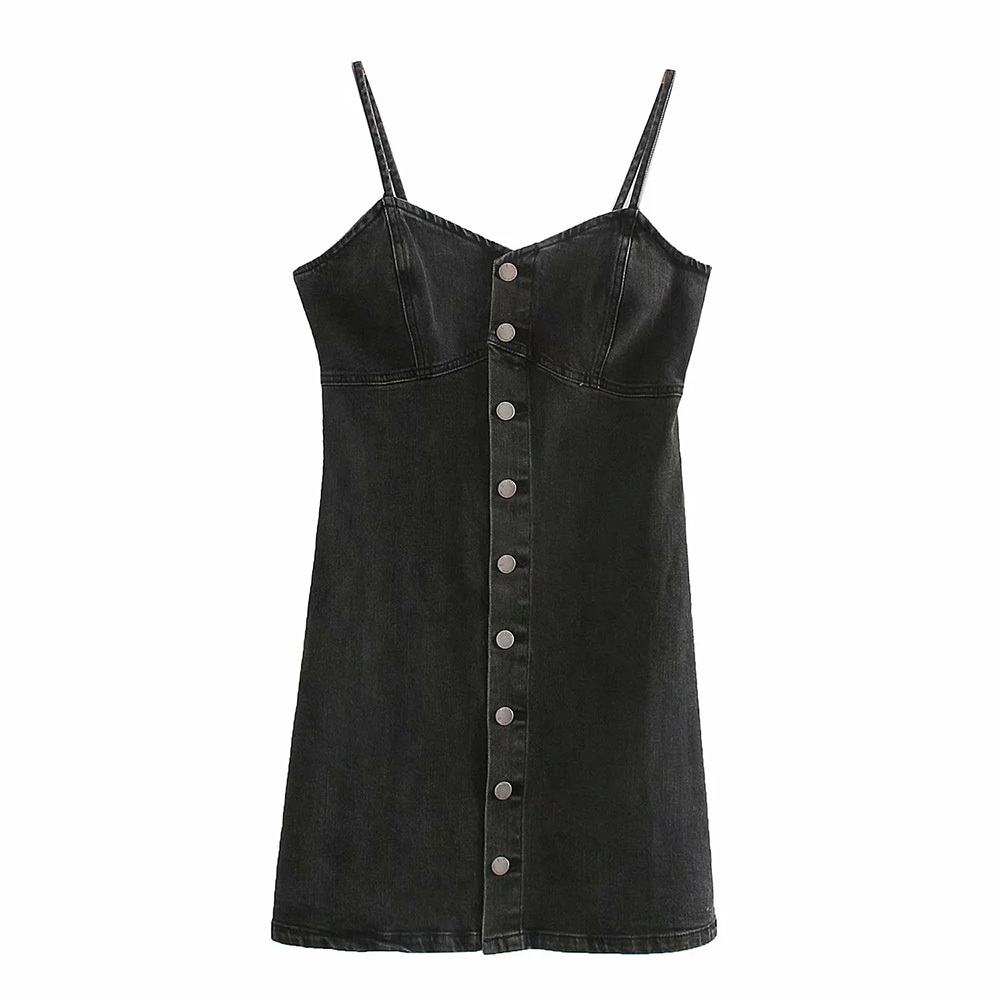 BBWM Spaghetti Strap Denim Dress Women Streetwear A Line Button Up Dress Female Sexy Sleeveless Summer Mini Dresses Robes 210520