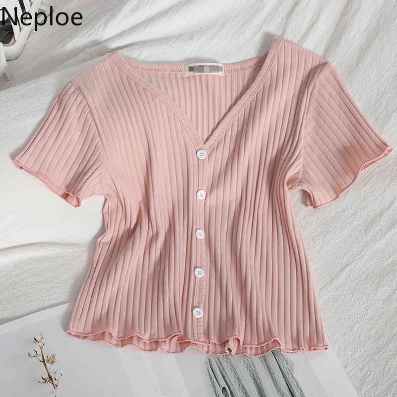 Neploe Shirts for Women Casual Sweet Student Short Sleeve Tops Summer New Korean Style V Neck Ruffles Tshirt Women Tees 210422