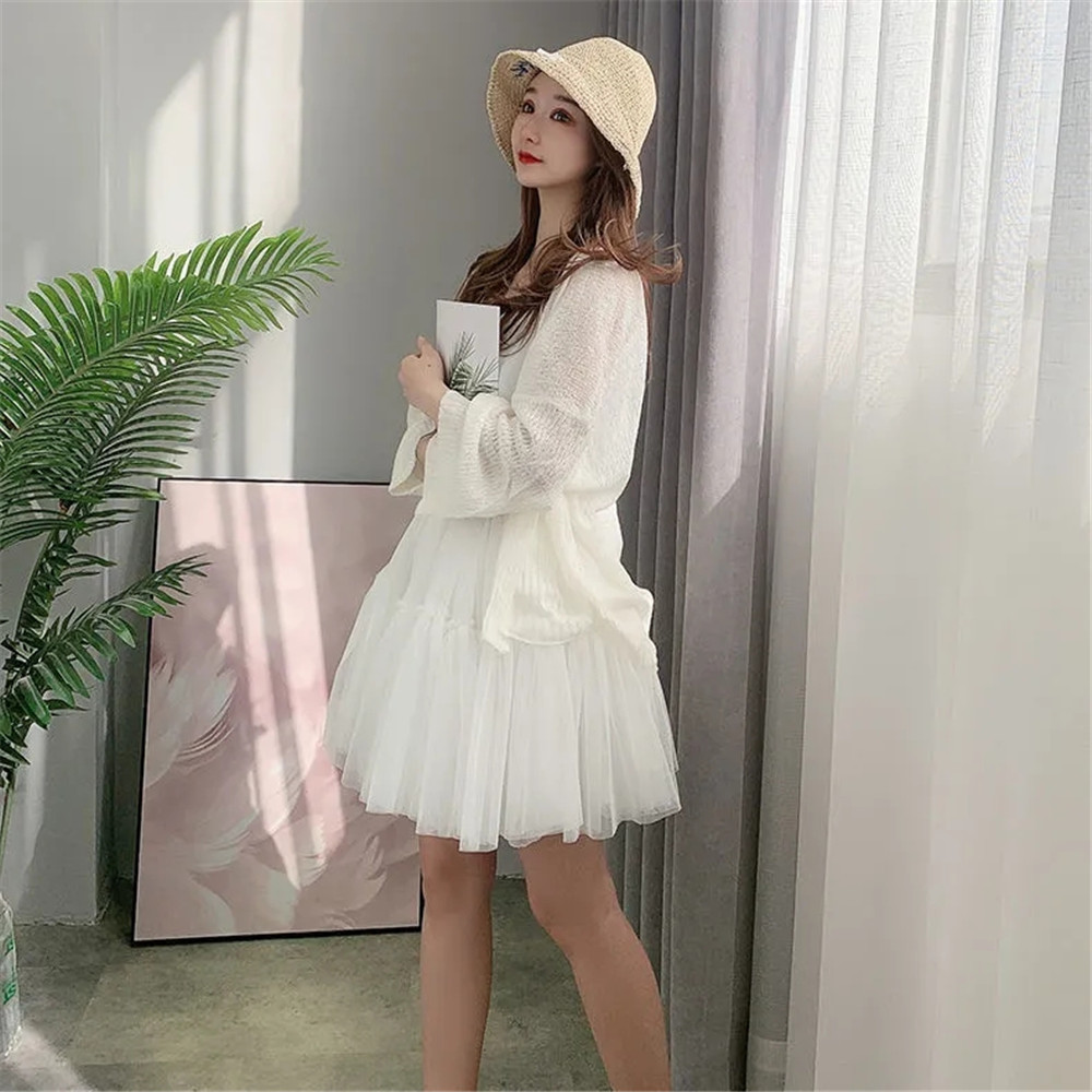 Summer White Pink High Waist Short Tutu Skirt Women Casual Pleated Korean Stitching Ruffles Mini For Girls 210421