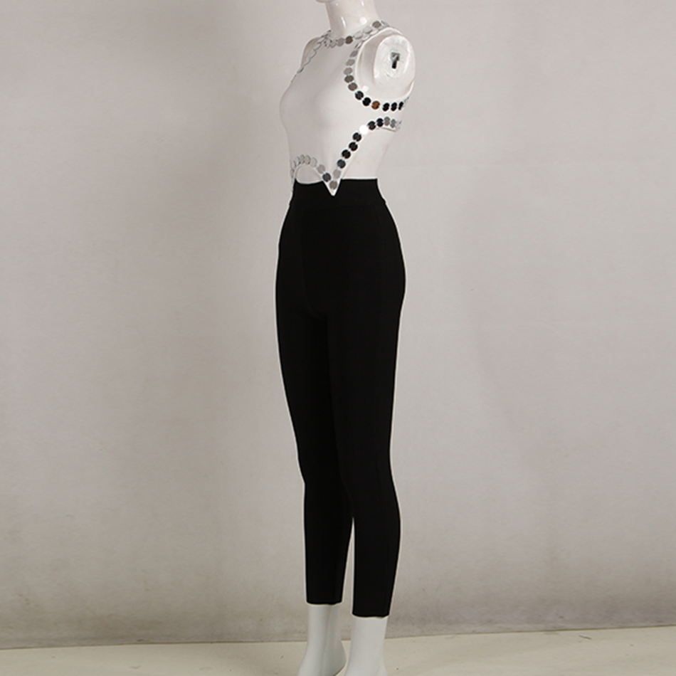 Women'S Bandage Jumpsuit Celebrity Party Sexy Bodycon Black And White Stitching Sequins Sleeveless 210525