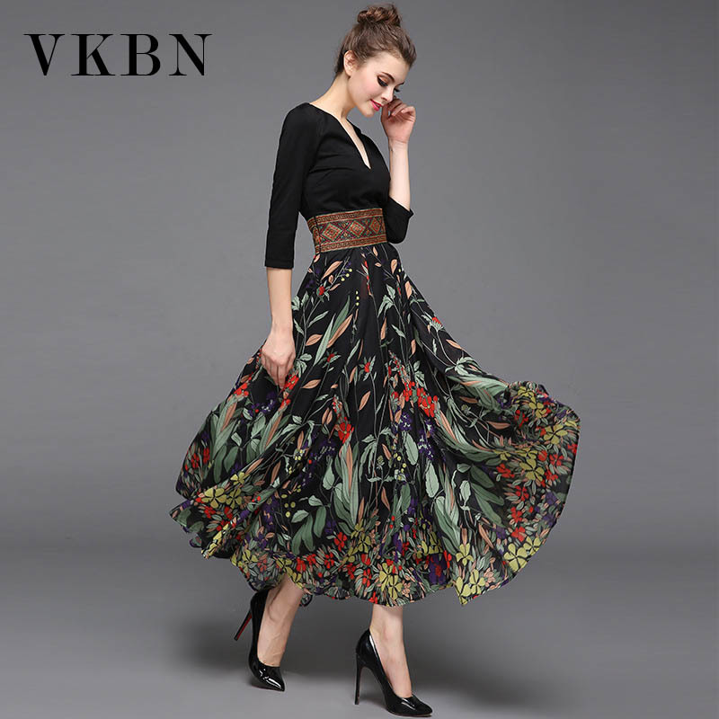 VKBN Spring and Summer Plus Size Dress Women Elegant Patchwork Printing Three Quarter Empire V-Neck Party Dress Fashion 210507
