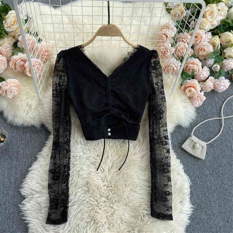 Women Temperament Lace Hollow Out Backless Short Shirt V-neck Long Sleeve Slim Fashion Spring Summer 11B769 210525, Black
Women Temperament Lace Hollow Out Backless Short Shirt V-neck Long Sleeve Slim Fashion Spring Summer 11B769 210525, Black