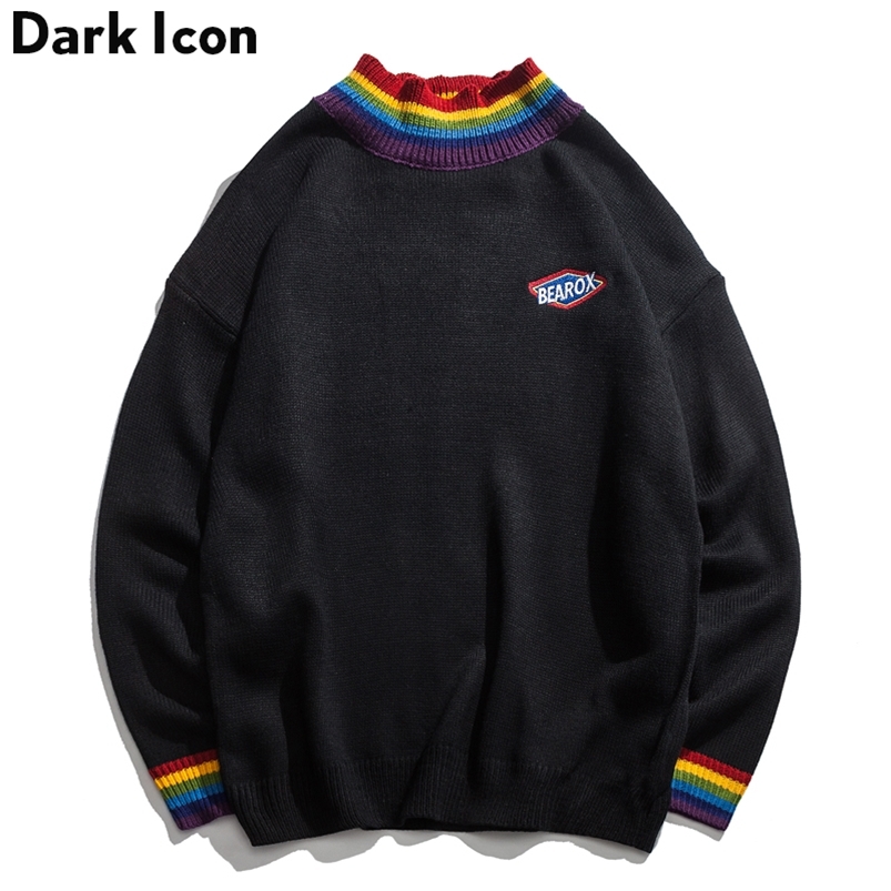 DARK ICON Rainbow Collar Pullover Men's Sweater Winter Loose Style Sweater for Men High Street Sweaters Black White 210818