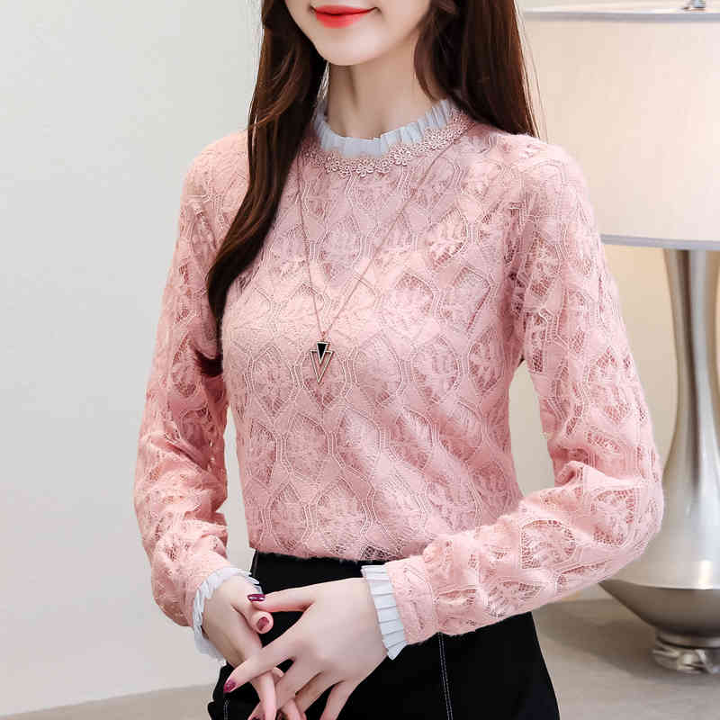 Korean Style Women Tops Spring Arrival Lace Blouse Elegant Long Sleeve Shirt Pink Loose Blusas 8022 50 210506