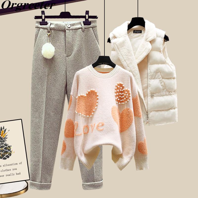 Women's Two Piece Pants Winter Warm Sweater 3 Set Women Korean Fashion Sweet Heart-shaped Beaded +Lamb Wool Vest +Pants Suits, White
Women's Two Piece Pants Winter Warm Sweater 3 Set Women Korean Fashion Sweet Heart-shaped Beaded +Lamb Wool Vest +Pants Suits, White