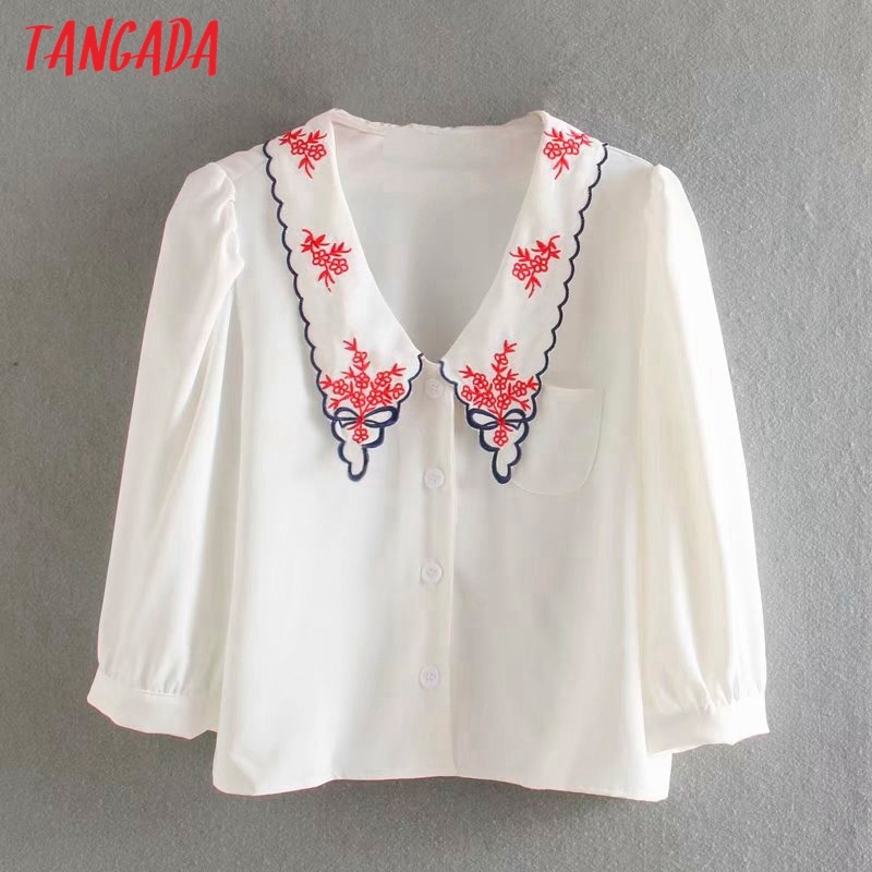 Women Retro Flowers Print Statement Collar Chic Female Short Blouse Shirt Tops 3D44 210416