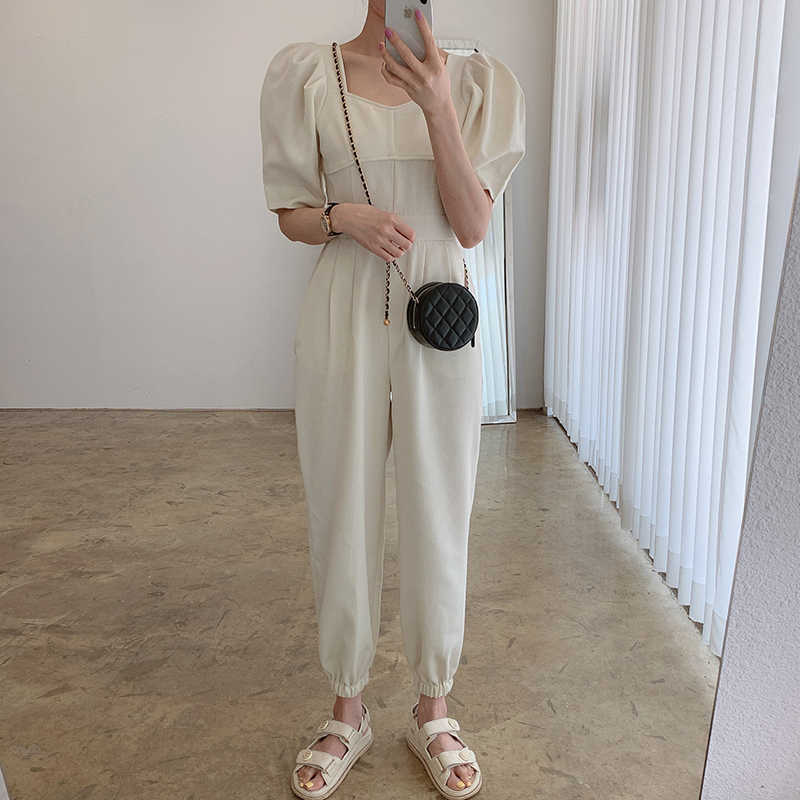 Korejpaa Women Jumpsuits Summer Korean Chic Ladies Temperament Square Collar High Waist Solid Color Puff Sleeve Trousers 210526