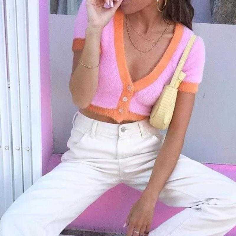 Pink cardigan womens sweaters korean crop yellow autumn tops short sleeve v neck mohair fall 210830
