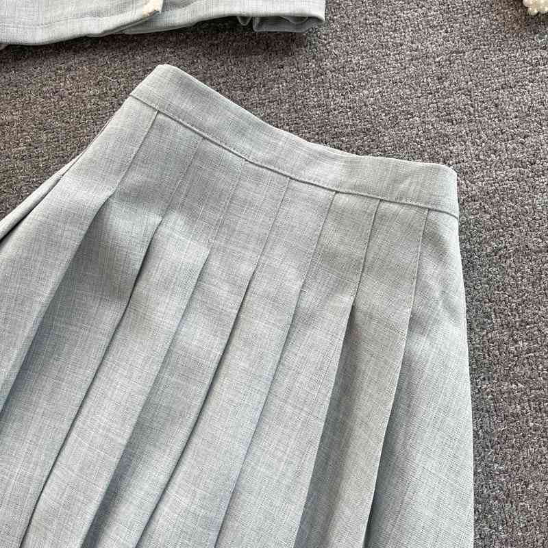 Skirt Suits Women Street Style Summer Classic Cardigan Short Sleeve Top Versatile Age Reducing Pleated Skirt Two Piece Set 210515