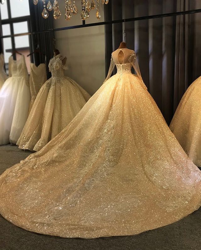 2021 Plus Size Arabic Aso Ebi Gold Lace Beaded Wedding Gowns Sheer Neck Long Sleeves Sequined Bridal Dresses ZJ955