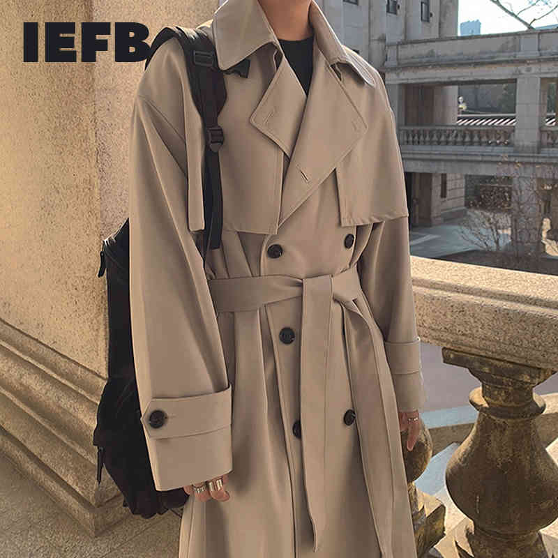 IEFB Men's Wear Spring Fashion Double Breasted Clothes Male Long Coat Loose Overcoat Trend Handsome Casual Windbreak 210524