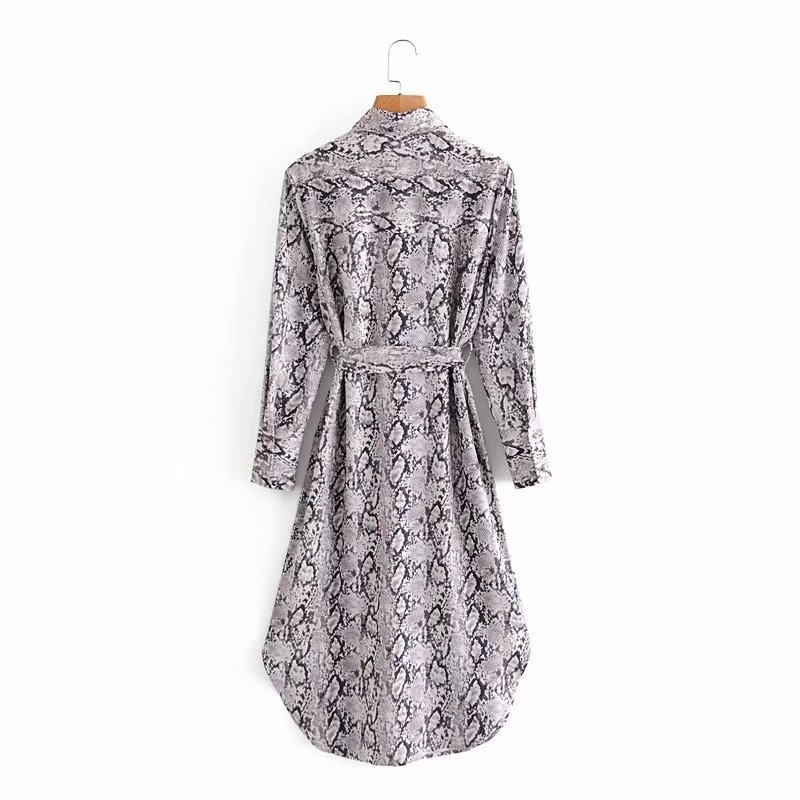 Snake Printed Lace Up Waist Shirt Dress Women's Spring Lapel Long Sleeve Single Breasted Maxi Dresses Trend 5A73 210427