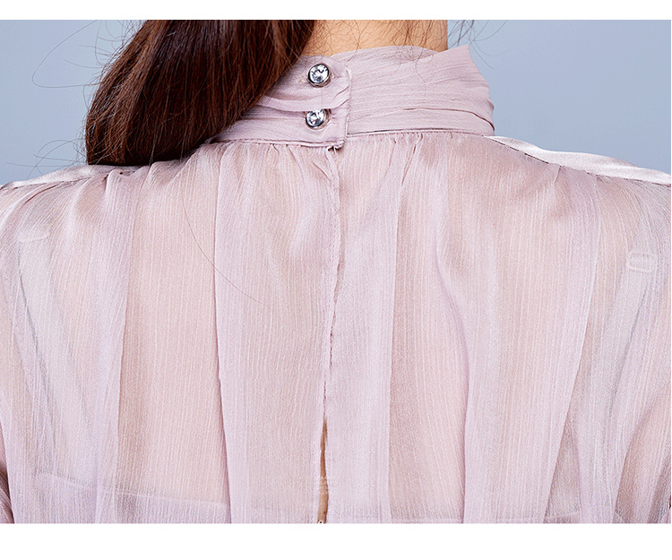 Korea Fashion Chiffon Stand Collar Women Elegant Party Dress Spring Office OL Long Sleeve Ruched Ruffles Mini 210519