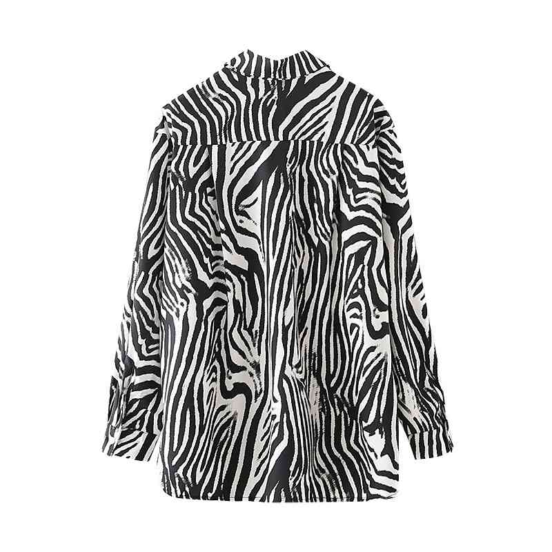 Elegant Women Zebra Stripes Shirts Fashion Ladies Turn Down Collar Tops Causal Female Chic Pocket Button Blouses 210430