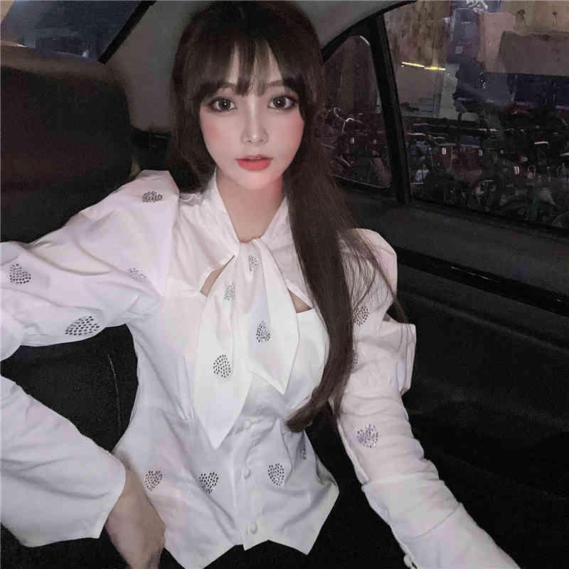 Nomikuma Women Blouse Autumn Winter Diamonds Tie Top Shirts Korean Causal Puff Sleeve Short Tops Femme Blusas Mujer 6D698 210427