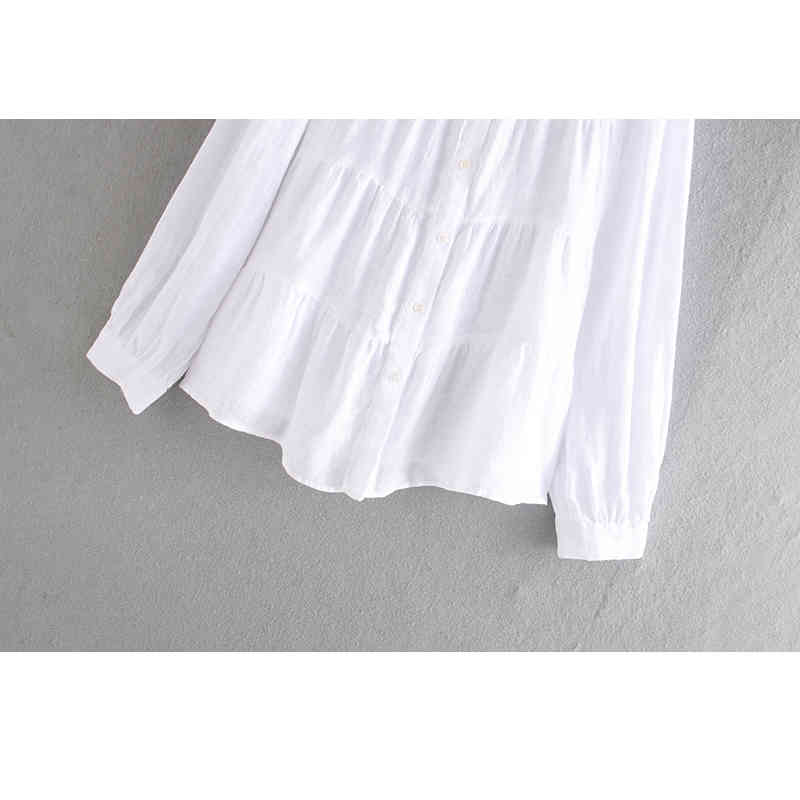 Women's Lapel Long-sleeve Linen Shirt with Bubble Sleeves Overlay Flared Loose Seams on The White Shirt Female 210507