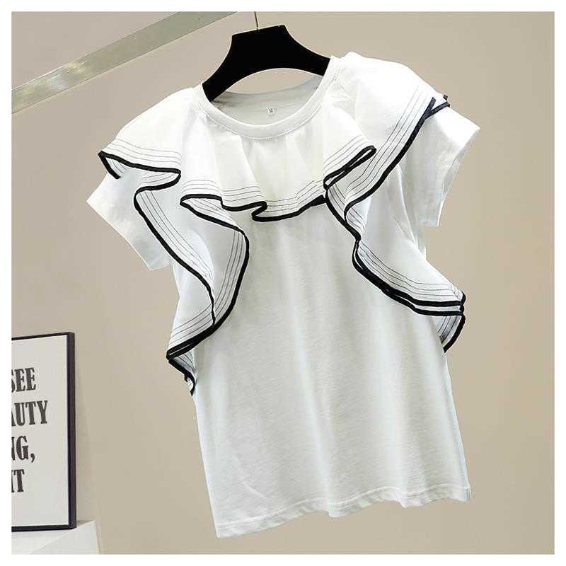 Fashion Contrast Color Sweet Ruffled Patchwork Solid Short-sleeved O Neck T-shirt All Match Women Tops 210615, Black
Fashion Contrast Color Sweet Ruffled Patchwork Solid Short-sleeved O Neck T-shirt All Match Women Tops 210615, Black