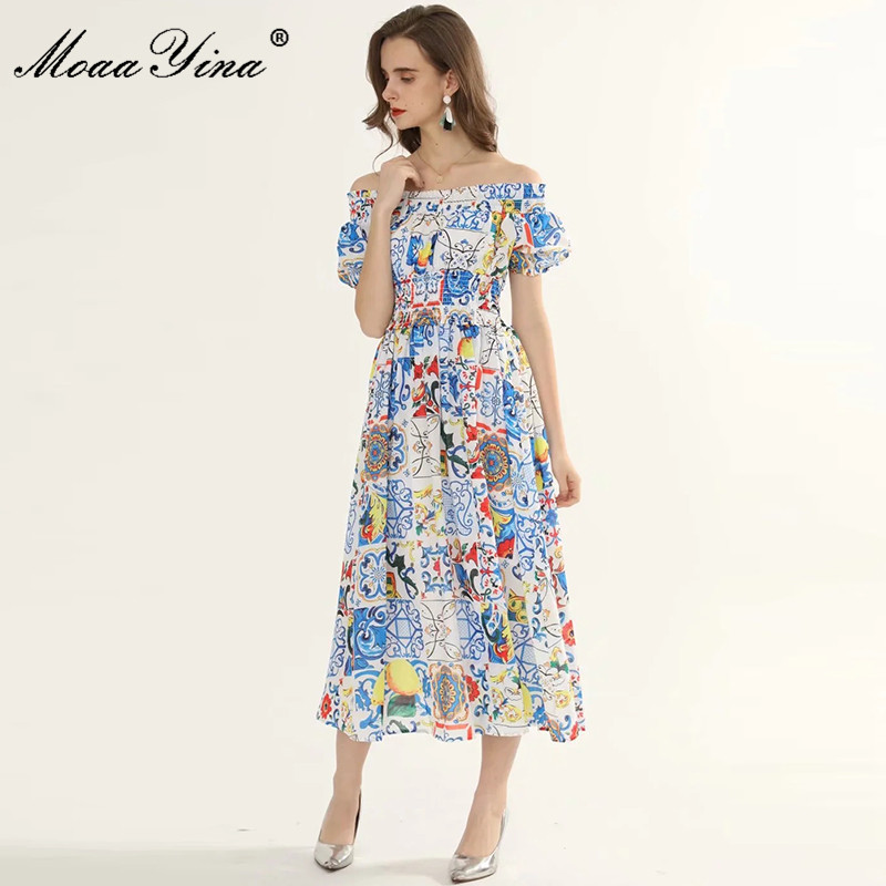 Fashion ner dress Summer Women's Dress Puff Sleeve Classic Blue and white porcelain Print Vacation Dresses 210524