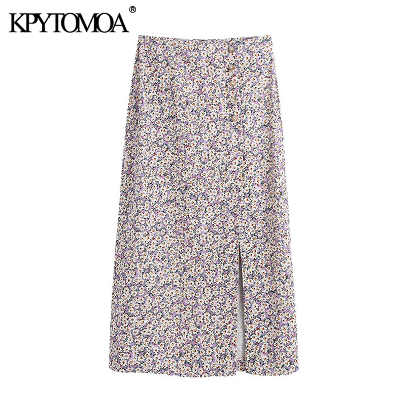 Women Chic Fashion With Buttons Floral Print Midi Skirt Vintage High Waist Vents Hem Female Skirts Mujer 210416