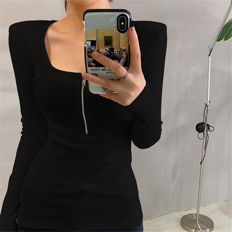 Slim All Match Women Autumn Tops Square Collar High Street T-shirt Sexy Solid Female Chic Basic 210421