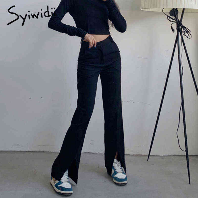 Syiwidii Flare Pants Women Trousers Front Split Leg Straight Ladies Work Korean Clothes Streetwear Black Bell Bottom 211115