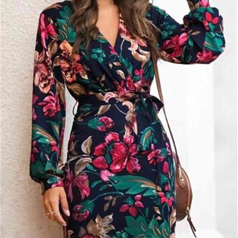 Sexy Floral Print Long sleeve Mini Short Dress Women Cross Deep V neck Party Dresses Package hips Slim fit Vestidos 210429