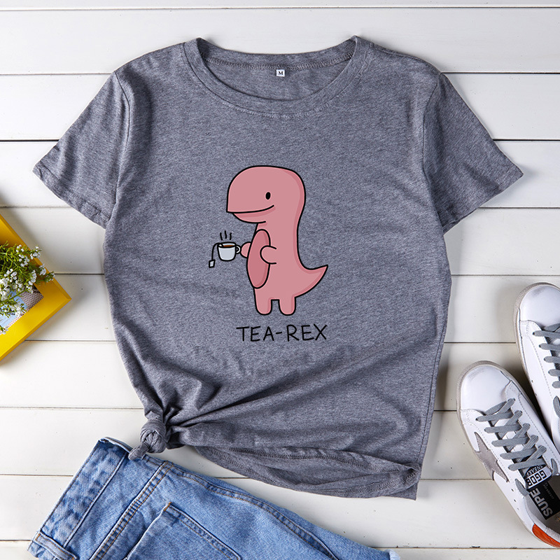 JCGO Women T Shirt Summer Cotton Plus Size 5XL Cartoon Dinosaur T-rex Print Short Sleeve O-Neck Casual Female TShirts Tops Tee 210406