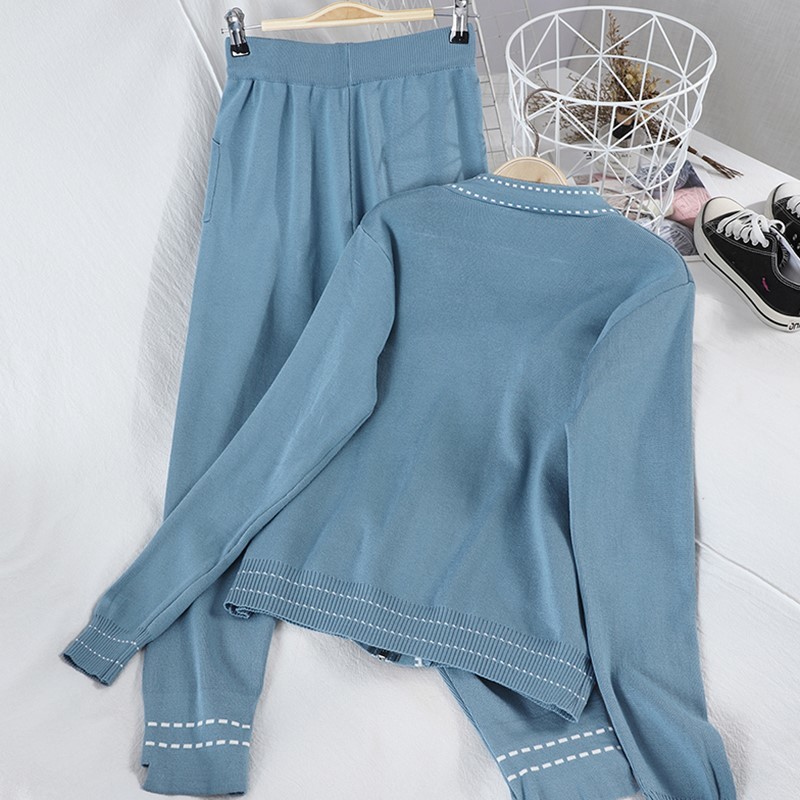 Women Stylish Suit Lady Chic V Neck Zipper Long Sleeve Coats Causl Pants Solid Knitting 2 Piece Set Autumn Winter 210506