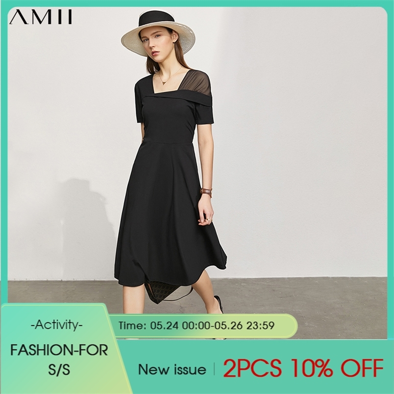 Minimalism Summer Temperament Women's Dress Causal Solid Square Collar Slim Fit Beach 12130146 210527