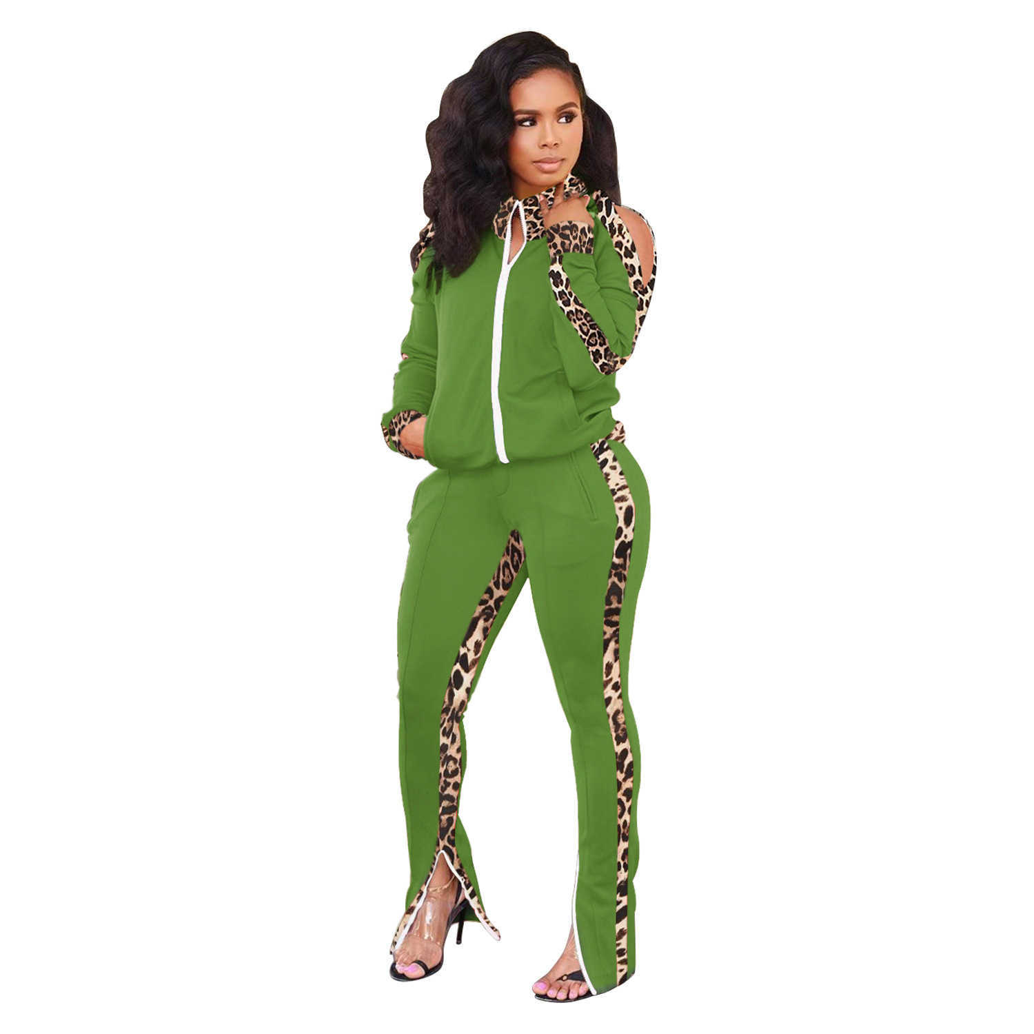 Designers Women Clothes 2023 Autumn and winter off shoulder sports two-piece leopard print splicing contrast fashion suit