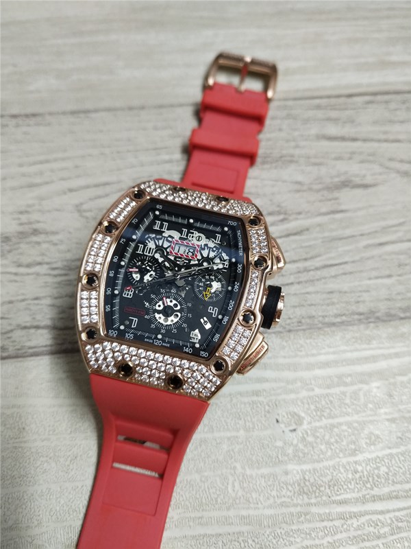 New arrival men's sport watch Male watches mechanical wristwatch skeleton dial diamonds bezel red rubber strap rose gold watchcase 020