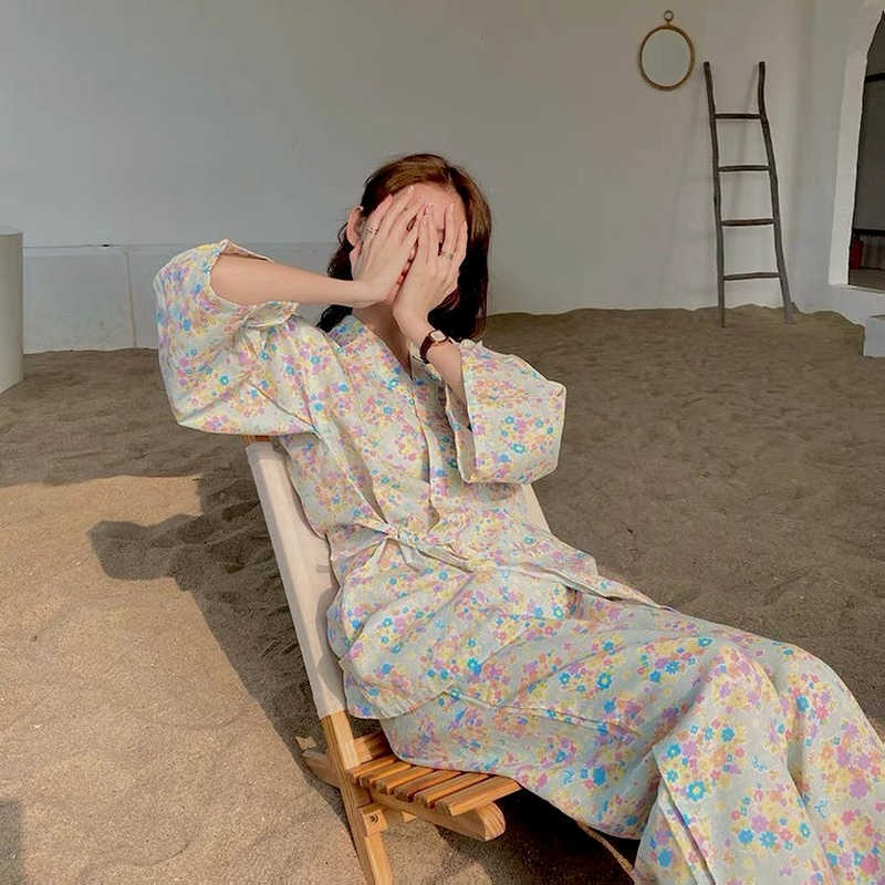 Kimono Women Sakura Room Wear Japanese Kawaii Pajama 2 Piece Sets Sleepwear Vintage Floral Pijama Harajuku Pyjamas Loungewear 211118