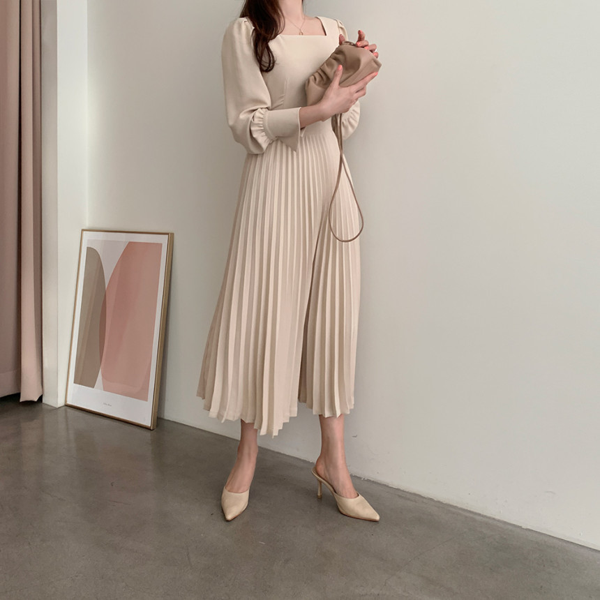 Autumn Korea Chic Pleated Dress Women's Long Sleeve Casual Solid Temperament Lady Vestido Da Festa 210520