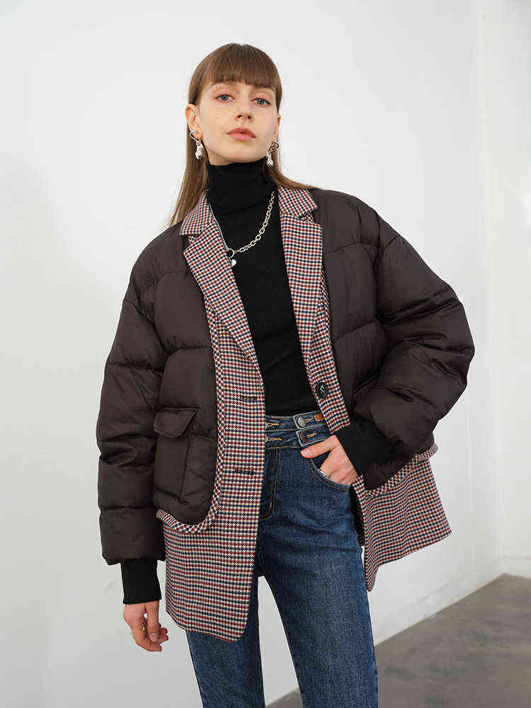 Women's jacket oversize outwear Plaid Stitching black Lapel Long Sleeve Loose Fit Jacket Fashion Autumn winter 211130