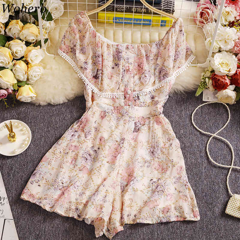 Womens Slash Neck Jumpsuit Summer Sexy Sweet Playsuit Ruffle Floral High Waist Wide Leg Short Fashion Chiffon Romper 210519