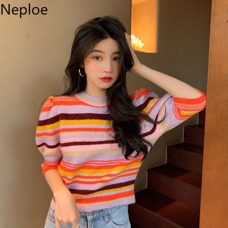 Neploe Women's T-shirts Casual O-Neck Knitted Pullover Korean Clothes Tees Contrast Color Striped Puff Sleeve Slim Rainbow Tops 210422