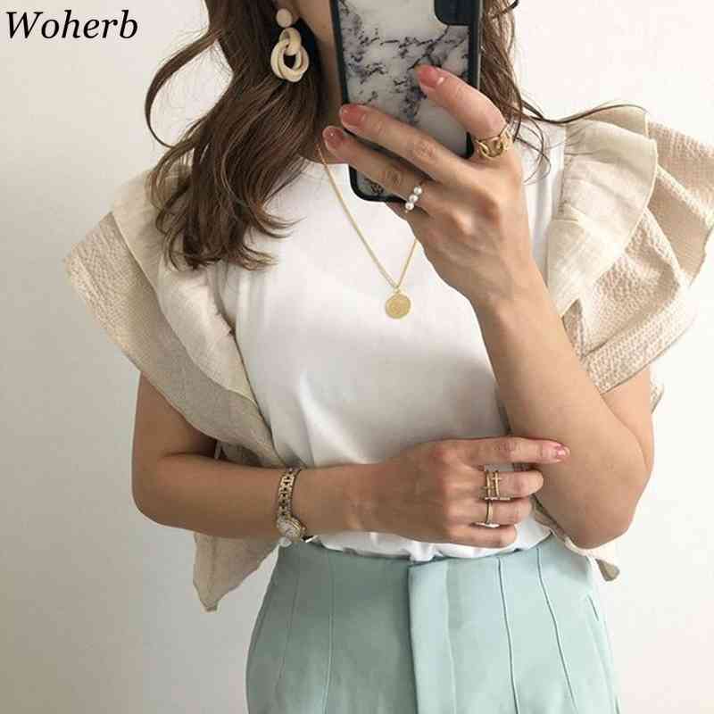 Summer Ruffle Patchwork Slim T-Shirt Women Flying Short Sleeve Tees Elegant Casual Tops Ladies O Neck Tshirts 210519